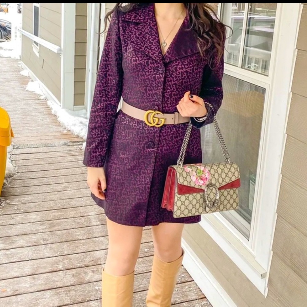 Vintage BEBE Long Blazer Button Up Jacket Purple Damask Print Size 6 Made In USA